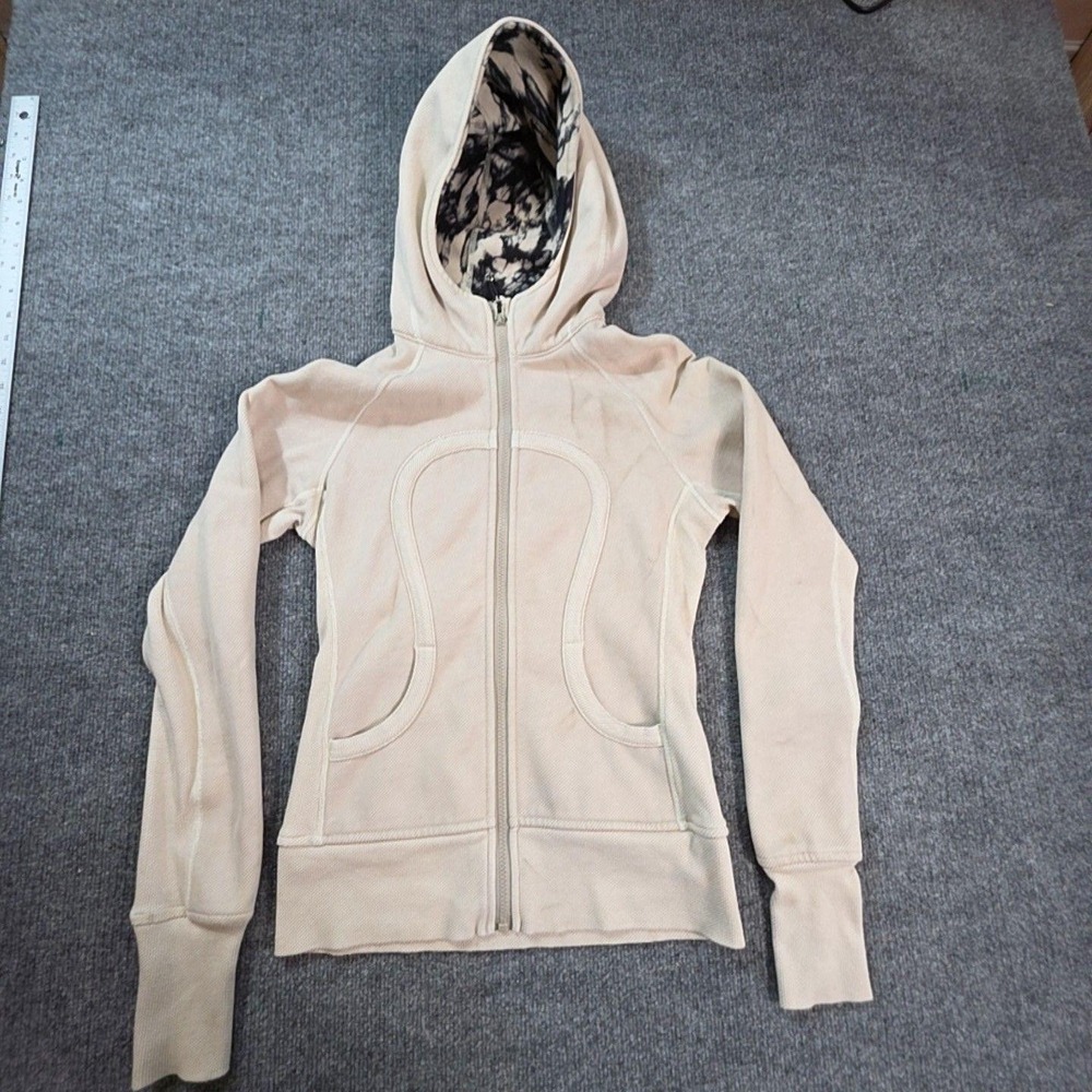 Lululemon Hoodie Womens 4 Beige Striped Fleece Full Zip Raglan Pockets Jacket